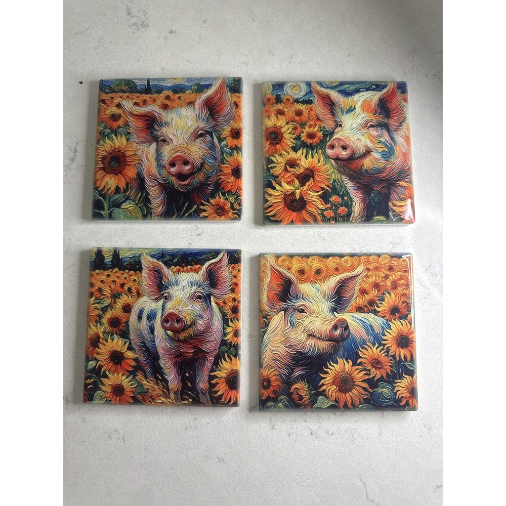 Pig 4 Ceramic Coasters Cork Back Antique Farmhouse Style sunflowers